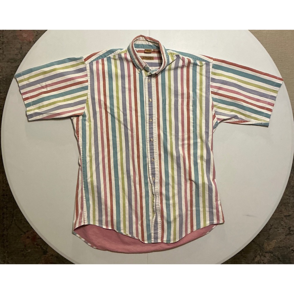VTG 90s Ruff Hewn Color Block Multicolor‎ Stripe Preppy Mens M Button Down Shirt